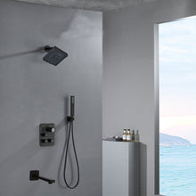 Cargar imagen en el visor de la galería, 12-inch or 16-inch Wall Mount Matte Black Rain Shower Head with Thermostatic Faucet and Tub Spout - Immerse in a Blissful Shower Experience
