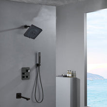 Cargar imagen en el visor de la galería, 12-inch or 16-inch Wall Mount Matte Black Rain Shower Head with Thermostatic Faucet and Tub Spout - Immerse in a Blissful Shower Experience
