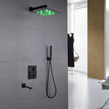 Cargar imagen en el visor de la galería, 12-inch or 16-inch Wall Mount Matte Black Rain Shower Head with Thermostatic Faucet and Tub Spout - Immerse in a Blissful Shower Experience
