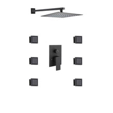 Carregar imagem no visualizador da galeria, 8 inch matte black rain shower system 2 way rough in valve with trim and 6 body jets

