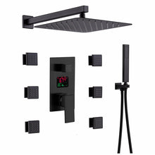 Load image into Gallery viewer, 12-Inch or 16-Inch Matte Black Rain Showers with 3-Way Anti-Scald Digital Display Valve, Trim, and 6 Body Jets
