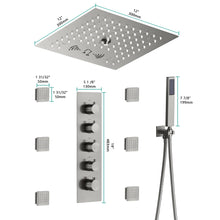 Load image into Gallery viewer, 12-Inch Flush-Mount Brushed Nickel Thermostatic Shower Faucet: 4-Way Control, 64-Color LED Lighting, Bluetooth Music, and Body Sprayers
