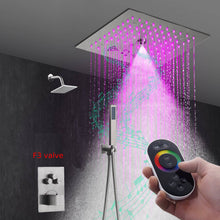 Cargar imagen en el visor de la galería, 12-Inch Flush-Mount Brushed Nickel Thermostatic Shower Faucet:3-Way Control, 64-Color LED, Bluetooth Music, and Regular Head
