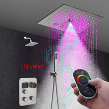 Cargar imagen en el visor de la galería, 12-Inch Flush-Mount Brushed Nickel Thermostatic Shower Faucet:3-Way Control, 64-Color LED, Bluetooth Music, and Regular Head

