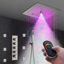 Load image into Gallery viewer, 12-Inch Flush-Mount Brushed Nickel Thermostatic Shower Faucet: 4-Way Control, 64-Color LED Lighting, Bluetooth Music, and Body Sprayers
