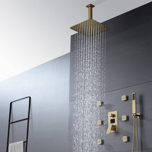 Cargar imagen en el visor de la galería, 12-Inch or 16-Inch Brushed Gold Ceiling-Mounted Shower System - Features 3-Way Digital Display Anti-Scald Valve &amp; Includes 6 Body Jets
