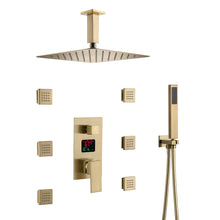 Load image into Gallery viewer, 12-Inch or 16-Inch Brushed Gold Ceiling-Mounted Shower System - Features 3-Way Digital Display Anti-Scald Valve &amp; Includes 6 Body Jets
