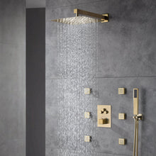 Load image into Gallery viewer, 12&#39;&#39; or 6&#39;&#39; Brushed Gold Wall-Mounted 3-Way Thermostatic Shower System with Body Jets - Simultaneous and Separate Functionality

