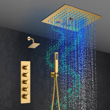 Load image into Gallery viewer, 12-Inch Brushed Gold Flush Mount Shower Faucet Set: 4-Way Thermostatic Control, 64-Color LED Lights, Bluetooth Music, and Regular Head
