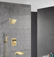 Carregar imagem no visualizador da galeria, 12-inch Or 16-inch Or 6&#39;&#39; Wall-Mount Brushed Gold 3-Way Thermostatic Shower Valve System: Versatile Functionality and Stunning Design
