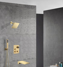 Carregar imagem no visualizador da galeria, 12-inch Or 16-inch Or 6&#39;&#39; Wall-Mount Brushed Gold 3-Way Thermostatic Shower Valve System: Versatile Functionality and Stunning Design
