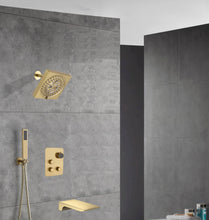 Carregar imagem no visualizador da galeria, 12-inch Or 16-inch Or 6&#39;&#39; Wall-Mount Brushed Gold 3-Way Thermostatic Shower Valve System: Versatile Functionality and Stunning Design
