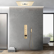 Load image into Gallery viewer, 16-Inch Brushed Gold Flush-Mounted Rainfall, Waterfall, Mist, Hydro-Massage Shower Head with 64 LED Lights and Bluetooth Music - 5-Way Thermostatic Shower Faucet With Optional Digital Display
