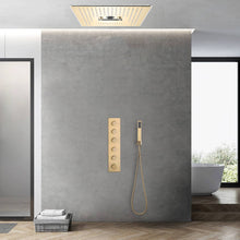 Carregar imagem no visualizador da galeria, 16-Inch Brushed Gold Flush-Mounted Rainfall, Waterfall, Mist, Hydro-Massage Shower Head with 64 LED Lights and Bluetooth Music - 5-Way Thermostatic Shower Faucet With Optional Digital Display
