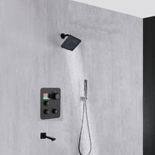 Cargar imagen en el visor de la galería, 12-inch or 16-inch Wall Mount Matte Black Rain Shower Head with Thermostatic Faucet and Tub Spout - Immerse in a Blissful Shower Experience
