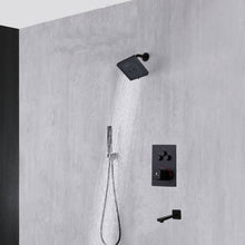 Cargar imagen en el visor de la galería, 12-inch or 16-inch Wall Mount Matte Black Rain Shower Head with Thermostatic Faucet and Tub Spout - Immerse in a Blissful Shower Experience
