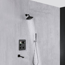 Cargar imagen en el visor de la galería, 12-inch or 16-inch Wall Mount Matte Black Rain Shower Head with Thermostatic Faucet and Tub Spout - Immerse in a Blissful Shower Experience
