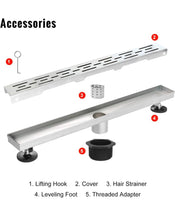 Load image into Gallery viewer, SaniteModar Linear Shower Drain, High Flow Rate Removable Grate Shower Drain 32 inch,Brushed 304 Stainless Steel Linear Drain with Hair Strainer,
