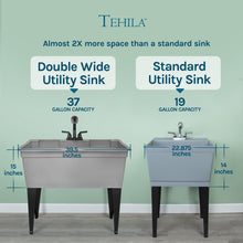 Load image into Gallery viewer, Tehila Freestanding Double-Wide Grey Utility Sink with Steel Legs &amp; Black Pull-Out Faucet, Multi-Purpose Heavy-Duty Laundry Tub and Kitchen Sink for Homes &amp; Business
