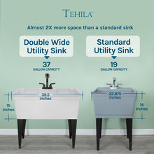 Load image into Gallery viewer, Tehila Freestanding Double-Wide White Utility Sink with Steel Legs &amp; Black Pull-Out Faucet, Multi-Purpose Heavy-Duty Laundry Tub and Kitchen Sink for Homes &amp; Business
