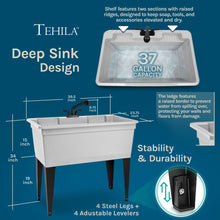 Load image into Gallery viewer, Tehila Freestanding Double-Wide White Utility Sink with Steel Legs &amp; Black Pull-Out Faucet, Multi-Purpose Heavy-Duty Laundry Tub and Kitchen Sink for Homes &amp; Business
