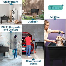 Cargar imagen en el visor de la galería, Tehila Freestanding Double-Wide Black Utility Sink with Steel Legs &amp; Black Pull-Out Faucet, Multi-Purpose Heavy-Duty Laundry Tub and Kitchen Sink for Homes &amp; Business
