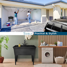 Cargar imagen en el visor de la galería, Tehila Freestanding Double-Wide Black Utility Sink with Steel Legs &amp; Black Pull-Out Faucet, Multi-Purpose Heavy-Duty Laundry Tub and Kitchen Sink for Homes &amp; Business
