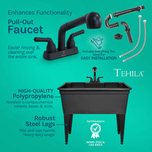 Cargar imagen en el visor de la galería, Tehila Freestanding Double-Wide Black Utility Sink with Steel Legs &amp; Black Pull-Out Faucet, Multi-Purpose Heavy-Duty Laundry Tub and Kitchen Sink for Homes &amp; Business
