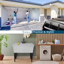 Load image into Gallery viewer, Tehila Freestanding Double-Wide White Utility Sink with Steel Legs &amp; Black Pull-Out Faucet, Multi-Purpose Heavy-Duty Laundry Tub and Kitchen Sink for Homes &amp; Business
