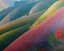 Cargar imagen en el visor de la galería, Colorful rolling hills, flower fields, landscape art,  3 piece wall art, 3 piece canvas, cool centerpiece living room wall art
