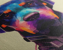 Load image into Gallery viewer, Cyberpunk Dobermann Pinscher Portrait, Watercolor, Framed Canvas Print, Ready To Hang Framed Wall Art, Living Room Wall Hanging
