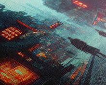 Load image into Gallery viewer, Cyberpunk City, Bladerunner Vibes Dystopian Cityscape, Wall Decor, Ready To Hang Framed Canvas Print, Oversize Wall Art
