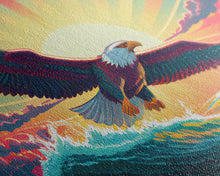 Carregar imagem no visualizador da galeria, American Bald Eagle, Panoramic Wall Art, Framed Canvas, Retro Style Eagle Painting, Synthwave Ocean Sunset Art

