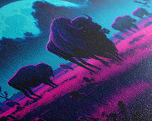 Load image into Gallery viewer, American Buffalo, Retrowave art, herd of Bison and a full moon, framed canvas print
