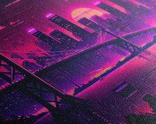 Load image into Gallery viewer, Cyberpunk San Francisco, Futuristic city skyline art, framed canvas print,  Synthwave / vaporwave cityscape decor

