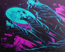 Load image into Gallery viewer, Howl at the moon - turquoise wolf pack howling at the moon, framed canvas print, vaporwave art
