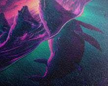 Load image into Gallery viewer, 3 Blue Whales Breaching at Sunset, vaporwave synthwave ocean art, framed canvas print
