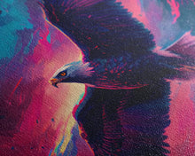 Carregar imagem no visualizador da galeria, Bald eagle in flight, vaporwave aesthetic art, eagle against a pastel sunset sky, framed canvas art, framed print
