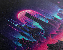 Load image into Gallery viewer, Cyberpunk city skyline superimposed over a sunset, synthwave style dystopian  art, framed canvas print
