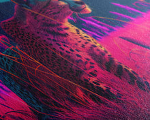Load image into Gallery viewer, Cheetah on the hunt, vaporwave art, sunset hunter, framed canvas print, framed wall art
