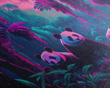Load image into Gallery viewer, Cute pandas, jungle, framed canvas print, framed wall art, synthwave animal art
