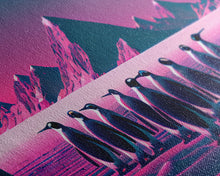 Load image into Gallery viewer, Penguins on the nice, cute animal prints, framed canvas print, synthwave / vaporwave art
