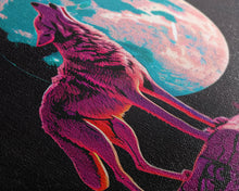 Load image into Gallery viewer, Howl at the moon, wolf art, framed canvas print, synthwave / vaporwave art
