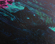 Load image into Gallery viewer, Panther in the jungle, framed canvas print, synthwave / vaporwave art
