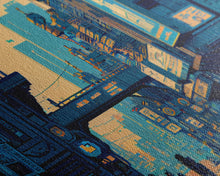 Load image into Gallery viewer, 8 bit pixel art cyber punk city, video game concept art, framed canvas print, game room art
