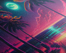 Load image into Gallery viewer, Outrun style full moon lit beach, framed canvas print, synthwave palm tree &amp; beach art
