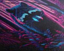 Cargar imagen en el visor de la galería, Cute racoon in the forest, vaporwave aesthetic animal art, framed canvas print, colorful animal art
