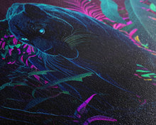 Carregar imagem no visualizador da galeria, Black panther on the hunt in the jungle, glowing blue eyes, synth wave aesthetic art, framed canvas print
