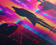 Load image into Gallery viewer, Cyberpunk bounty hunter art, vaporwave synthwave dystopian cityscape, framed canvas print
