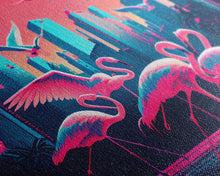 Load image into Gallery viewer, Pink Flamingos, Vaporwave aesthetic style art, framed canvas print, framed wall art
